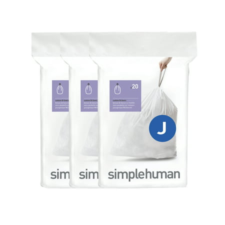 simplehuman Code J Custom Fit Drawstring Trash Bags in Dispenser Packs, 60 Count, 30-45 Liter / 8-12 Gallon, White, 60 Liners