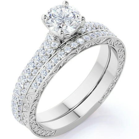 1.5 Carat Round Cut Moissanite Wedding Set - Bridal Set - Filigree Ring - Cluster Ring - 18k White Gold Over Silver, 7