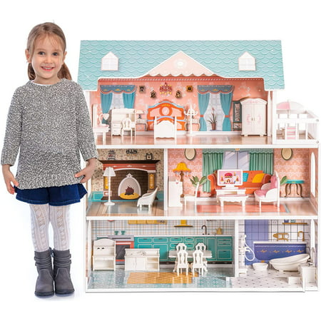 ROBUD Wooden Dollhouse for Kids Girls, Toy Gift for 3 4 5 6 Years Old, with Furniture