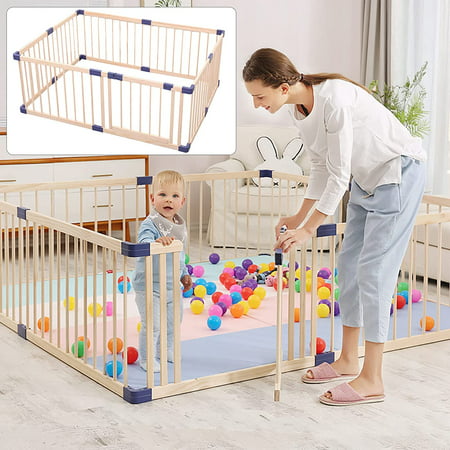 Natural Wooden Baby Playpen Kids Fence with Safety Gate,Activity Play Center,Safety Play Yard Indoor Outdoor,Kids Baby Pet Cats Dogs Playpen Play Fence with Door,Baby Safety Play Birthday Gift, 24.02" H x 63" W x 47" D