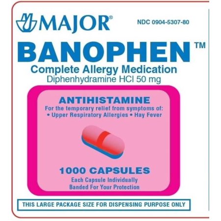 Major Banophen Antihistamine Diphenhydramine HCl Allergy Medication, 50 mg Caplet, 100/Bottle