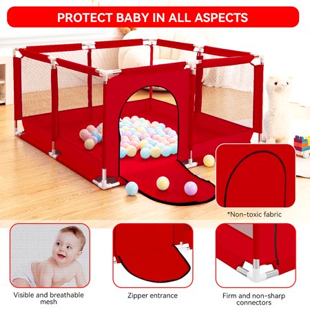 50 Inch Extra Large Kid Baby Playpen Baby Playard with Breathable Mesh and Playmat,Infant Children Play Game Fence for Indoors Outdoors HomeRed-Without Basket,