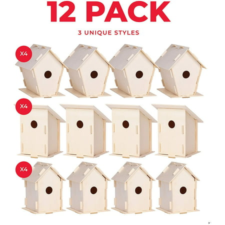 12 Wooden Birdhouses - Crafts For Girls And Boys - Kids Bulk Arts And Crafts Set - 12 Diy