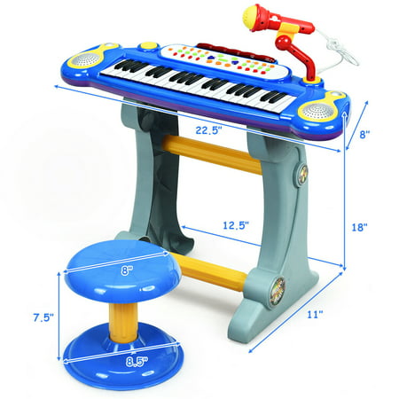 Gymax 37 Key Electronic Keyboard - Toy Piano with MP3 Input, Microphone & Stool Blue