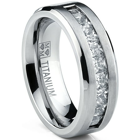Titanium Men's Wedding Band Engagement Ring with 9 large Princess Cut Cubic ZirconiaSilver,