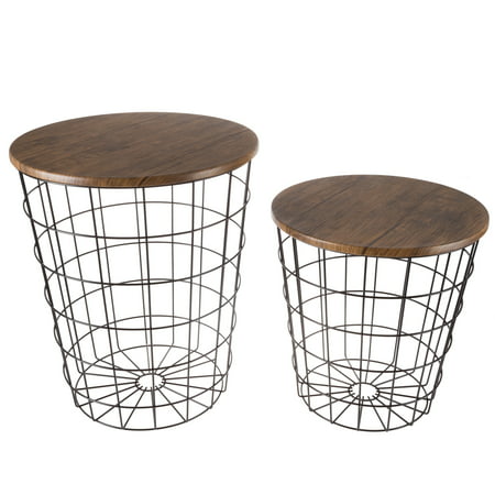 Nesting End Tables with Storage- Set of 2 Round Metal Baskets By Lavish Home (Chestnut)Chestnut,