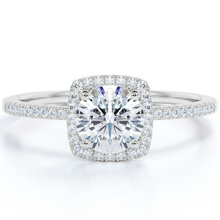 1 Carat Round Cut Moissanite Halo Engagement Ring in 18k White Gold Over SilverWhite,