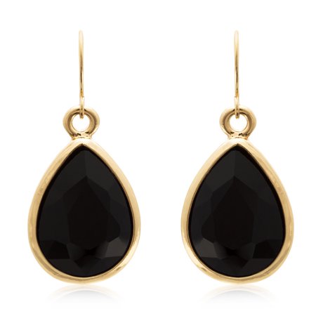 SuperJeweler 18 Carat Pear Shape Black Onyx Crystal Earrings, Gold Overlay for Women