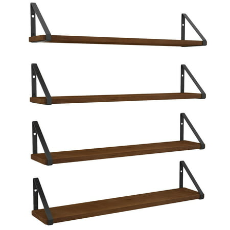 Wallniture Ponza 24 inch Rustic Floating Shelf Wall Storage for Living Room Kitchen Bathroom Bedroom, Walnut, Set of 4Walnut,