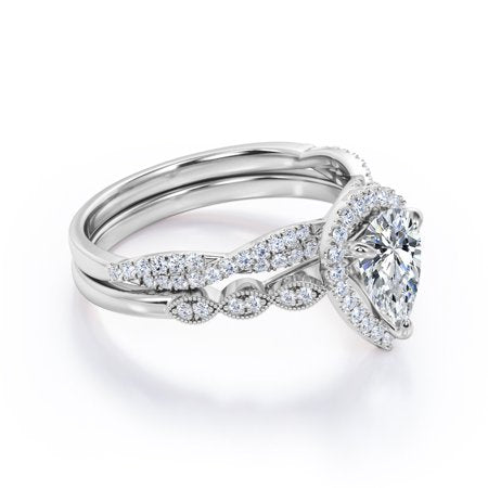 Affordable 1.5 Carat Pear cut Moissanite and Diamond Antique Wedding Ring Set in 10k White Gold