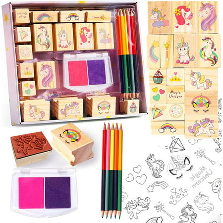 PinkSheep 20Pcs Unicorn Wooden Stamp & Sticker Set for Girls, Stamps Activity Craft Set for Boys Kids ChildUnicorn,