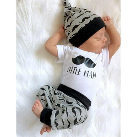 Newborn Infant Baby Boy Cotton Tops Romper Pants Legging Hat Outfits Clothes Set, White, 0-6 Months