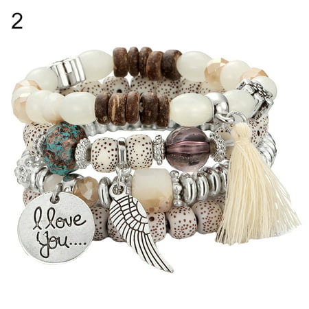 Yesbay 4Pcs/Set Bohemia Style Wing Beads Bracelet Women Bangle Jewelry Party Gift-WhiteWhite,