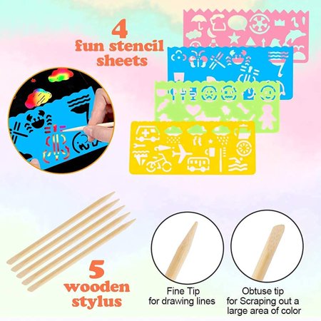 Mocoosy 60Pcs Scratch Art Paper for Kids, Rainbow Magic Scratch Off Paper Art Craft Kit Black Scratch Sheets with 4 Stencils 5 Wooden Stylus for Birthday Party Favors Game Activities Easter Gifts
