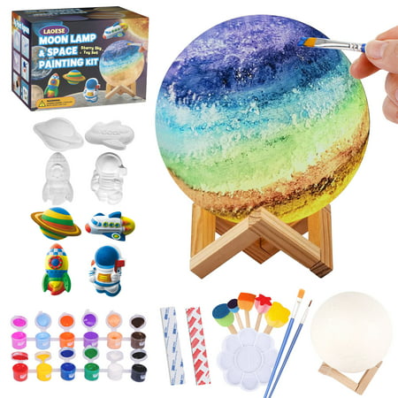 Paint Your Own Moon Lamp Kit, 3D DIY Moon Night Light with Space Figurines & Wooden Stand, Creativity Arts & Crafts Kit for Kids, Teen Girls Boy Birthday Gift