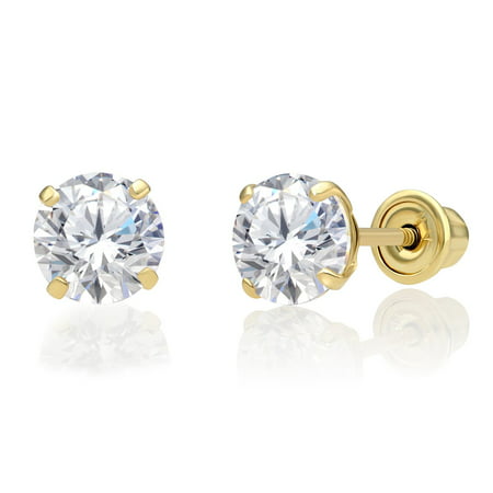 Tilo Jewelry 10k Yellow Gold Solitaire Round CZ Stud Earrings in Secure Screw-backs (5mm) Women, Girls, Men, unisex, 5 mm