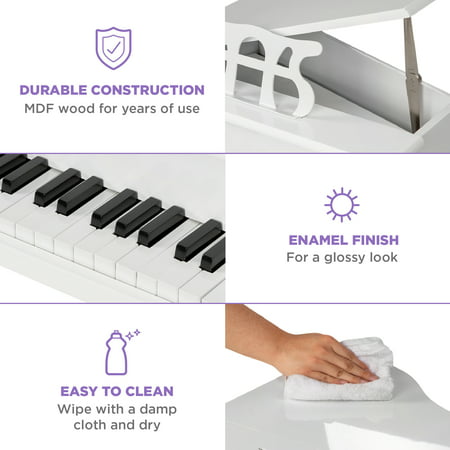 Best Choice Products Kids Classic 30-Key Mini Piano w/ Lid, Bench, Foldable Music Rack, Song Book, Stickers - White, White