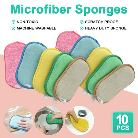 5/10Pcs Microfiber Kitchen Scrub Sponges, TSV Dual Action Reusable Scouring Pads, Non-Scratch Household Dishes Washing Cloth, Heavy Duty Scrubber for Kitchen Bathroom House Cleaning, Random Colors