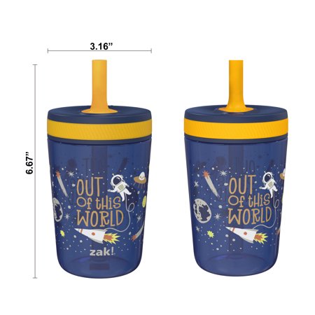 Zak Designs 15 oz Travel Straw Tumbler Plastic and Silicone with Leak-Proof Straw Valve for Kids, 2-Pack SpaceOuter Space,