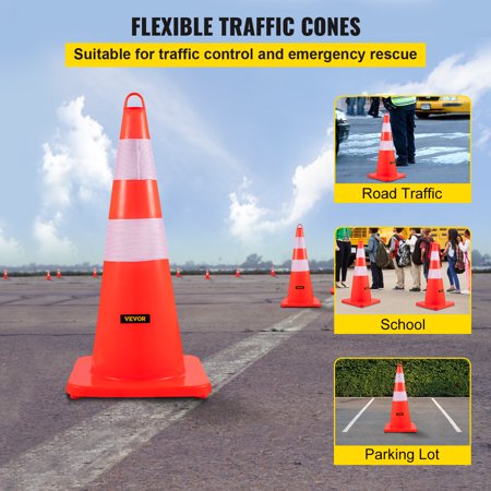 VEVORbrand Safety Cones, 12 x 28" Traffic Cones, PVC Orange Construction Cones, 2 Reflective Collars Traffic Cones with Weighted Base and Hand-Held Ring Used for Traffic Control, Driveway Road Parking