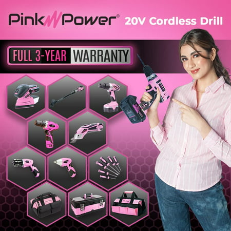 Pink Power 20V Cordless Lithium Ion Electric Drill Driver Kit for Women