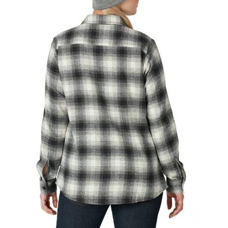 Genuine Dickies Womens Long Sleeve Flannel Work Shirt, Antique White and Black Ombre, S