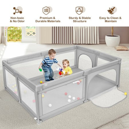 Gymax Extra-Large Safety Baby Fence Baby Playpen with 50 Ocean Balls Gray