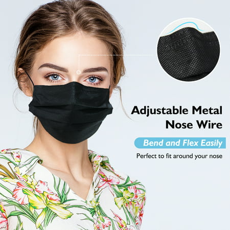 Black Disposable Face Mask Adults Mouth Cover 3Ply with Ear Loop 50 Pcs, Black, 50 Pcs for Adults