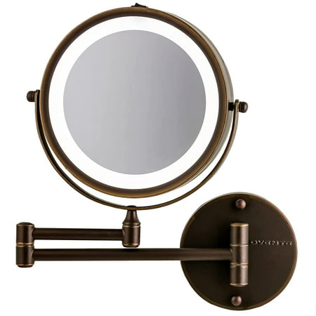 Ovente 7" Lighted Wall Mount Makeup Mirror, 1X & 10X Magnifier, Adjustable Double Sided Round LED, Extend, Retractable & Folding Arm, Compact & Cordless, Battery Powered Antique Bronze MFW70ABZ1X10X, Antique Bronze, 1X 10X