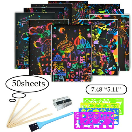 SHELLTON 50 Pcs Rainbow Magic Scratch Off Arts and Crafts Supplies Kits Sheet Pack for Children, 7.48*5.11"