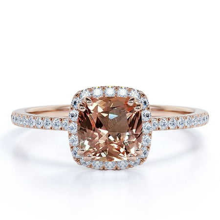 1.50 Carat Cushion Cut created morganite Halo Engagement Ring in 18k Rose Gold over Silver, 7