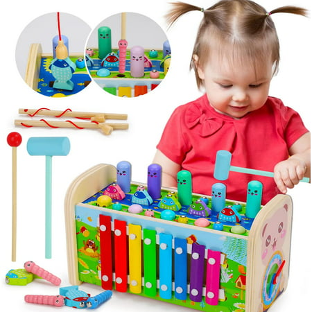 Sytle-Carry Baby Toys for 12-24 Months, 7 in 1 Wooden Hammering Pounding Toys, Montessori Early Development Toys