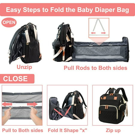 Artiflr Baby Diaper Bag Backpack, Multifunction Folding Bed Bag Back pack with Changing Station Portable, Large Travel Baby Bag with Stroller Strap, Baby Changing Bag Backpack for Moms DadsBlack,