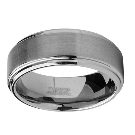 Tungsten Men's Wedding Band 8MM Brushed Finish High-Polish Silvertone Comfort-Fit Beveled Edges