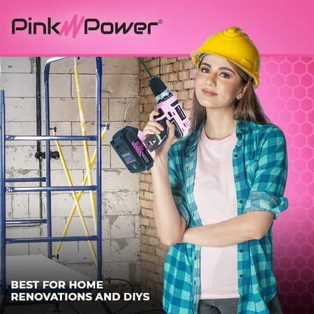 Pink Power 20V Cordless Lithium Ion Electric Drill Driver Kit for Women