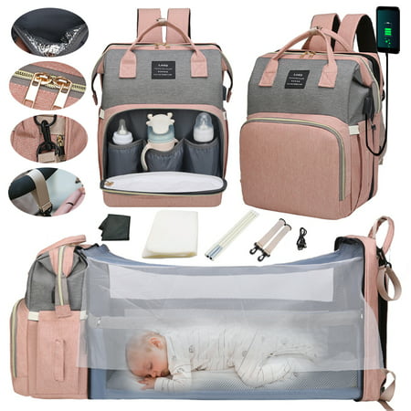 Diaper Bag Backpack, Tntants 6 in 1 Large Diaper Baby Bag with Changing Station for Boys Girl, Waterproof Baby Diaper Bags for Travel with Insulated Milk Bottle Pocket, Grey And Pink