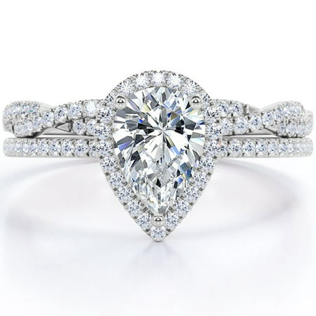 1.25 Carat pear cut Moissanite and Diamond Halo Bridal Wedding Ring Set in 10k White Gold