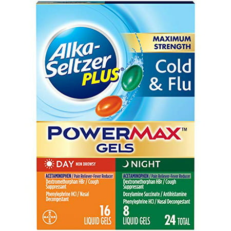 Alka-seltzer Plus Cold & Flu, Power Max Cold and Flu Medicine, Day +Night, For Adults with Pain Reliever, Fever Reducer, Cough Suppresant, Nasal Decongestant, Antihistamine, 24 Count