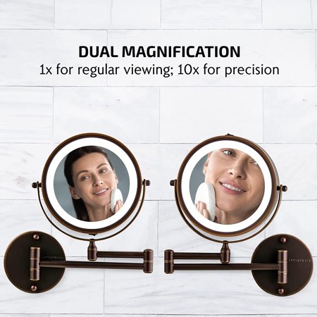 Ovente 7" Lighted Wall Mount Makeup Mirror, 1X & 10X Magnifier, Adjustable Double Sided Round LED, Extend, Retractable & Folding Arm, Compact & Cordless, Battery Powered Antique Bronze MFW70ABZ1X10X, Antique Bronze, 1X 10X