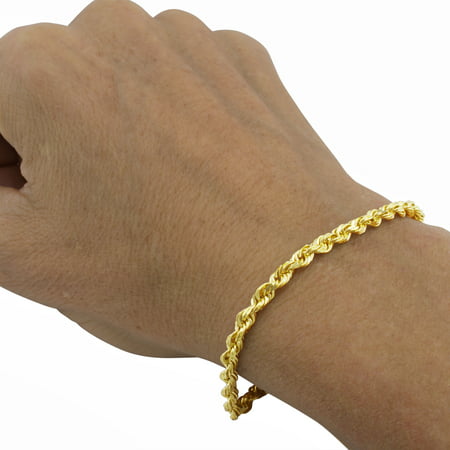 Nuragold 14k Yellow Gold 4mm Rope Chain Diamond Cut Bracelet, Mens Womens Lobster Clasp 8" 8.5" 9"