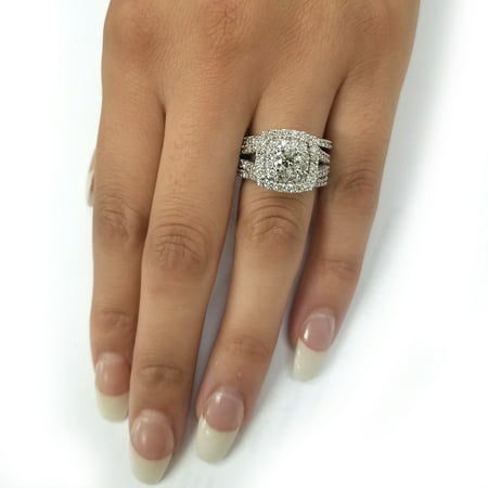 3ct Lab Grown Diamond Engagement Wedding Cushion Halo Gold Wedding Ring Set EX3, White Gold, 7.5