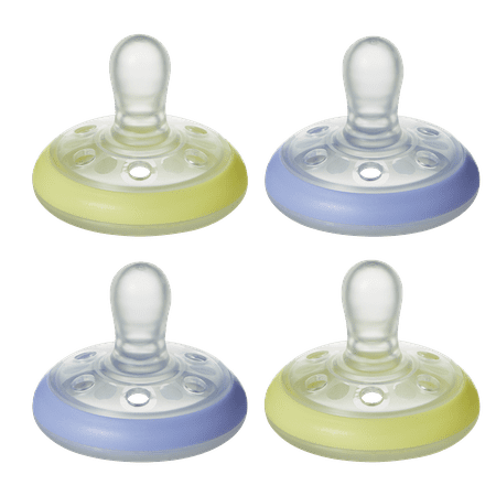 Tommee Tippee Breast-Like Pacifier Night, Glow in the Dark, Skin-Like Texture, Symmetrical Design, BPA-Free Binkies, 6-18m, 4-Count, Blue/YellowBlue,