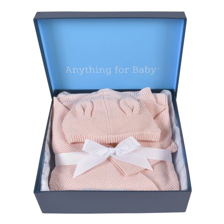 Gerber Baby Boy or Girl Unisex Ear Knit Hooded Sweater, Pant & Soft Blanket Outfit Set with Gift Box, 3-Piece, (Newborn-3/6 Months), Pink, Newborn