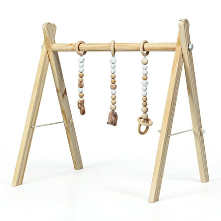 Foldable Wooden Baby Gym with 3 Wooden Baby Teething Toys Hanging Bar Natural