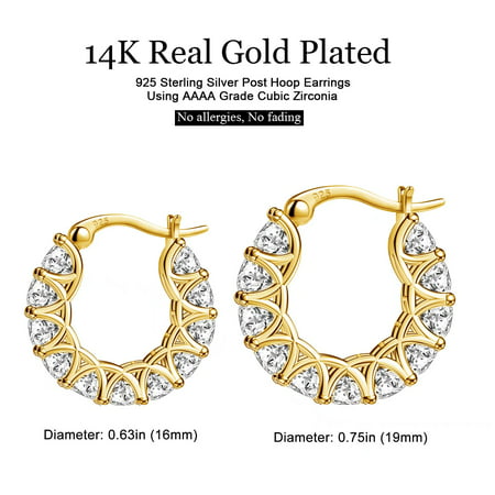 AllenCOCO 14K Gold Plated Sterling Silver Post Simulated Diamond Cubic Zirconia Hoop Earrings Elegant for Women Gifts, 16-19mm, Gold, S