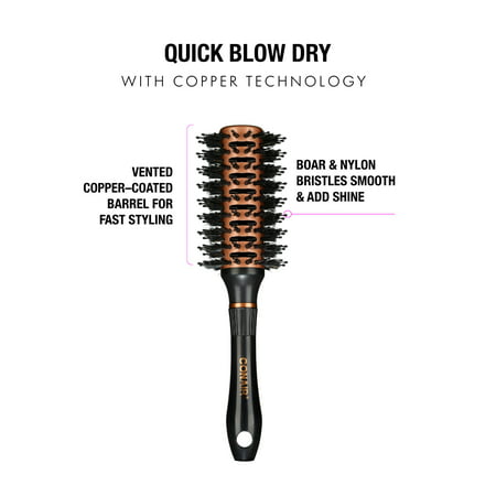 Conair Quick Blow-Dry Copper Collection Vented Porcupine Round Hairbrush with Boar and Nylon Bristles for Smoothing and Styling, 1ct
