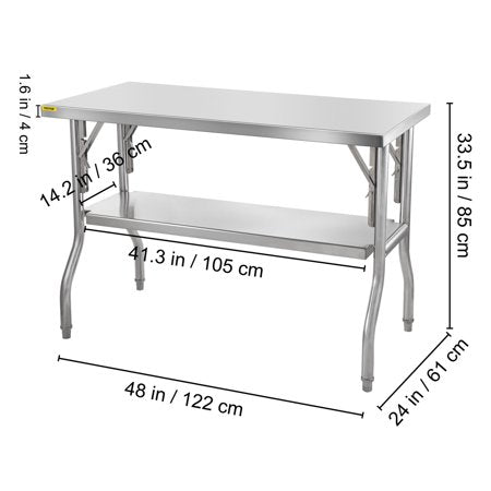 VEVOR Commercial Work Table Workstation 48 x 24 Inches Folding Commercial Prep Table, Heavy-Duty Stainless-Steel Folding Table with 772 lbs Load, Silver Stainless-Steel Kitchen Island, 24 x 48