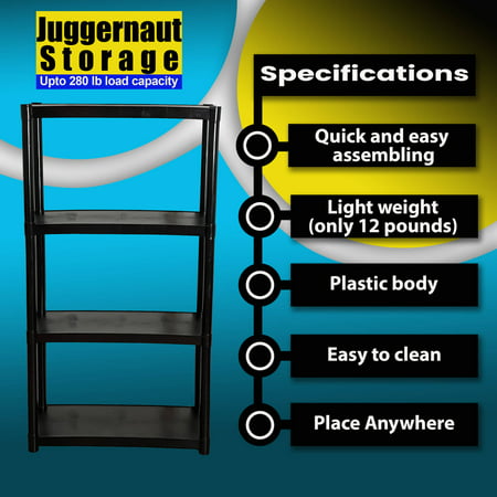 Juggernaut Storage Freestanding 4-Shelf Plastic Storage Shelf, Black, 280 lb Capacity