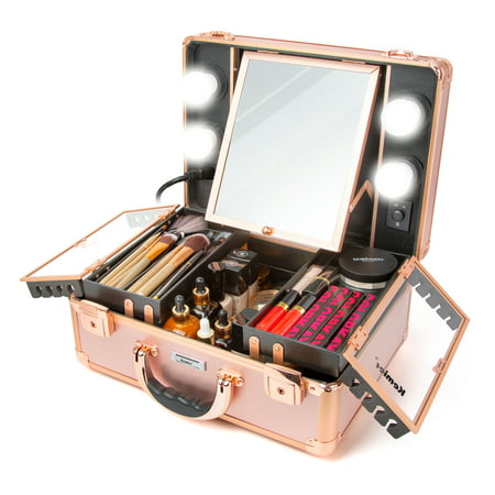 Kemier Makeup Train Case - Cosmetic Organizer Box Makeup Case with Lights and Mirror / Makeup Case with Customized Dividers / Large Makeup Artist Organizer Kit (Rose Gold)Rose Gold,