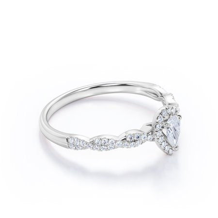 0.5 TCW Pear Cut Diamond - 3 Prong Halo Setting - Semi Infinity Pave Engagement Ring - 10K White GoldWhite,